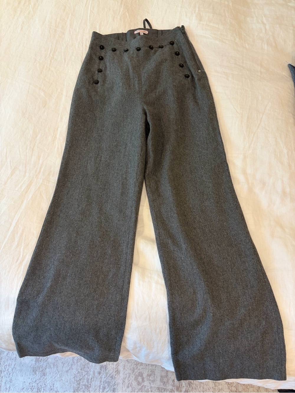 Frances Valentine Wide-Leg Gray High-Waist Trousers with Button Detail